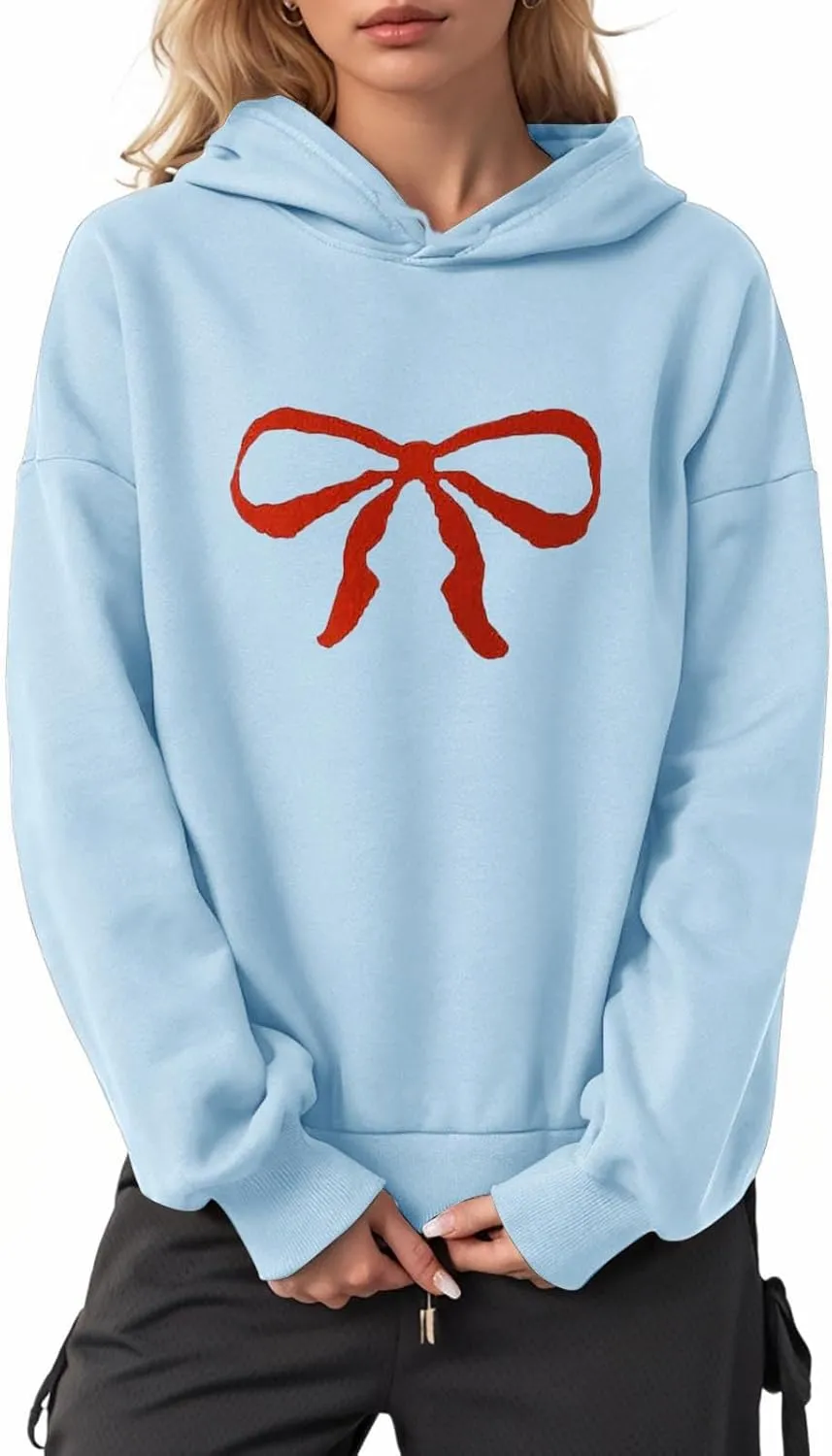 Women Oversized Bow Trim Print Hoodies Long Sleeve Fleeced Casual Graphic Pullover Trendy Fall Hooded Sweatshirts