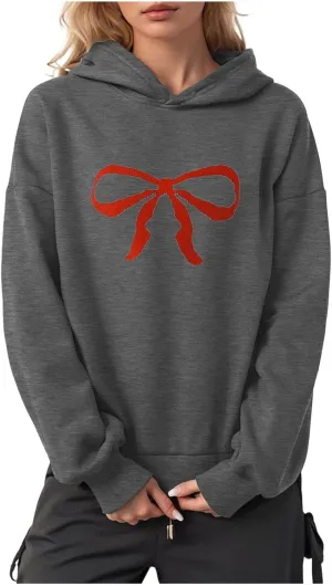 Women Oversized Bow Trim Print Hoodies Long Sleeve Fleeced Casual Graphic Pullover Trendy Fall Hooded Sweatshirts