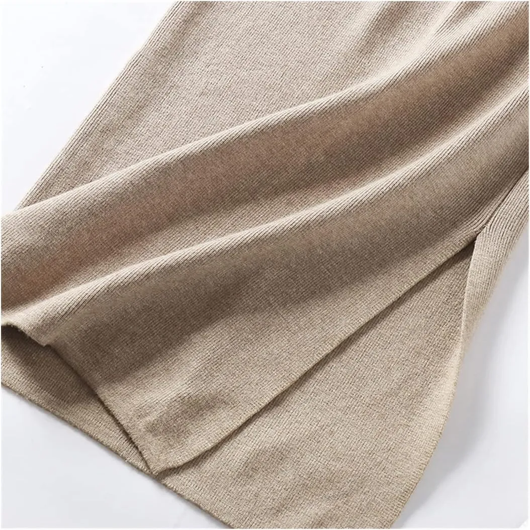 Women Pencil Midi Knitted Skirt High Waist Sweater Skirts Winter Long Warm Knitting Skirts Split Bottoms