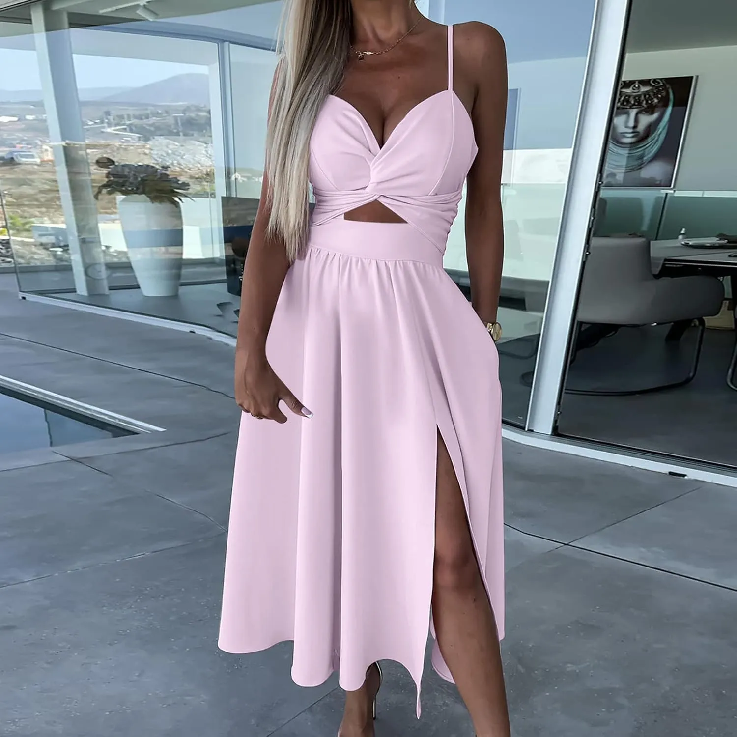 Women Sexy Sleeveless Maxi Dresses Summer Cutout Twist Front V-Neck Sundress Side Split Beach Long Dress with Pockets