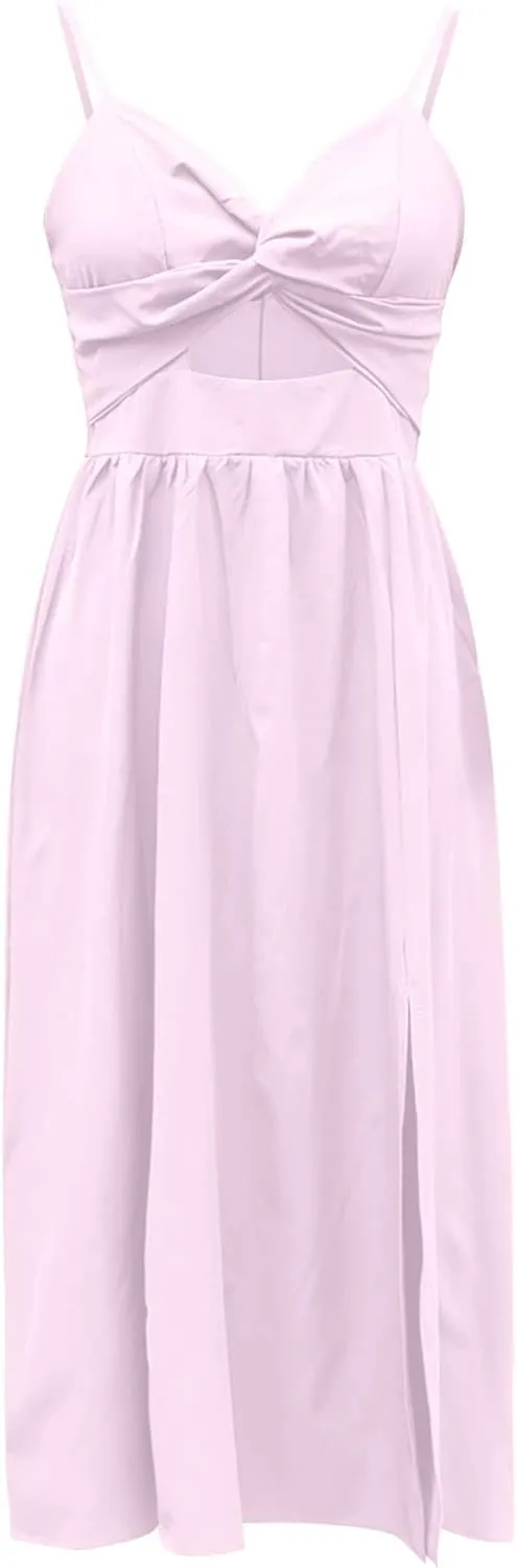 Women Sexy Sleeveless Maxi Dresses Summer Cutout Twist Front V-Neck Sundress Side Split Beach Long Dress with Pockets