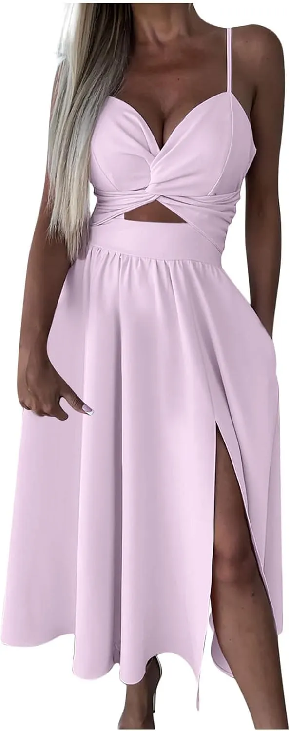 Women Sexy Sleeveless Maxi Dresses Summer Cutout Twist Front V-Neck Sundress Side Split Beach Long Dress with Pockets