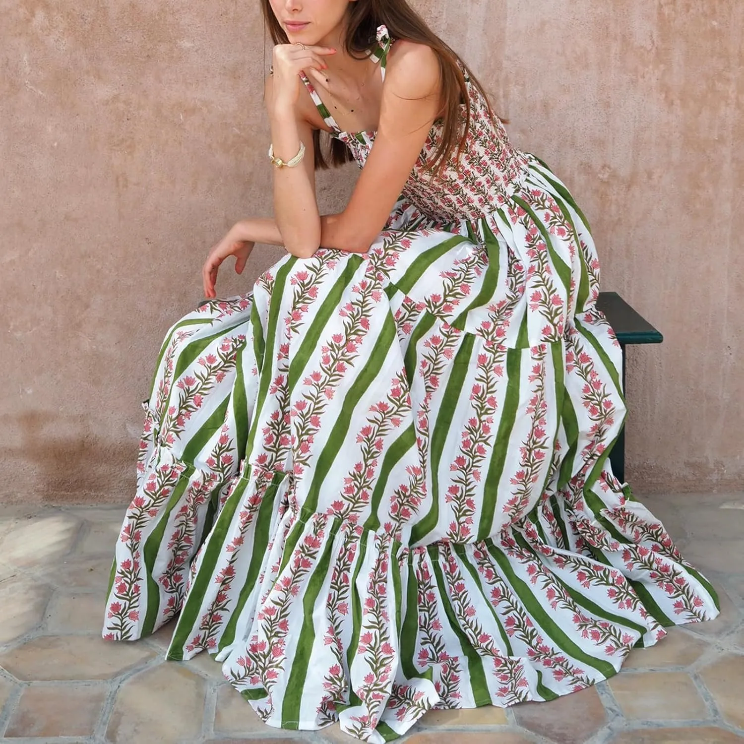 Women Sleeveless Dress Casual Summer Floral Print Tie up Strap A-Line Party Dress Vacation Beach Flowy Sundresses