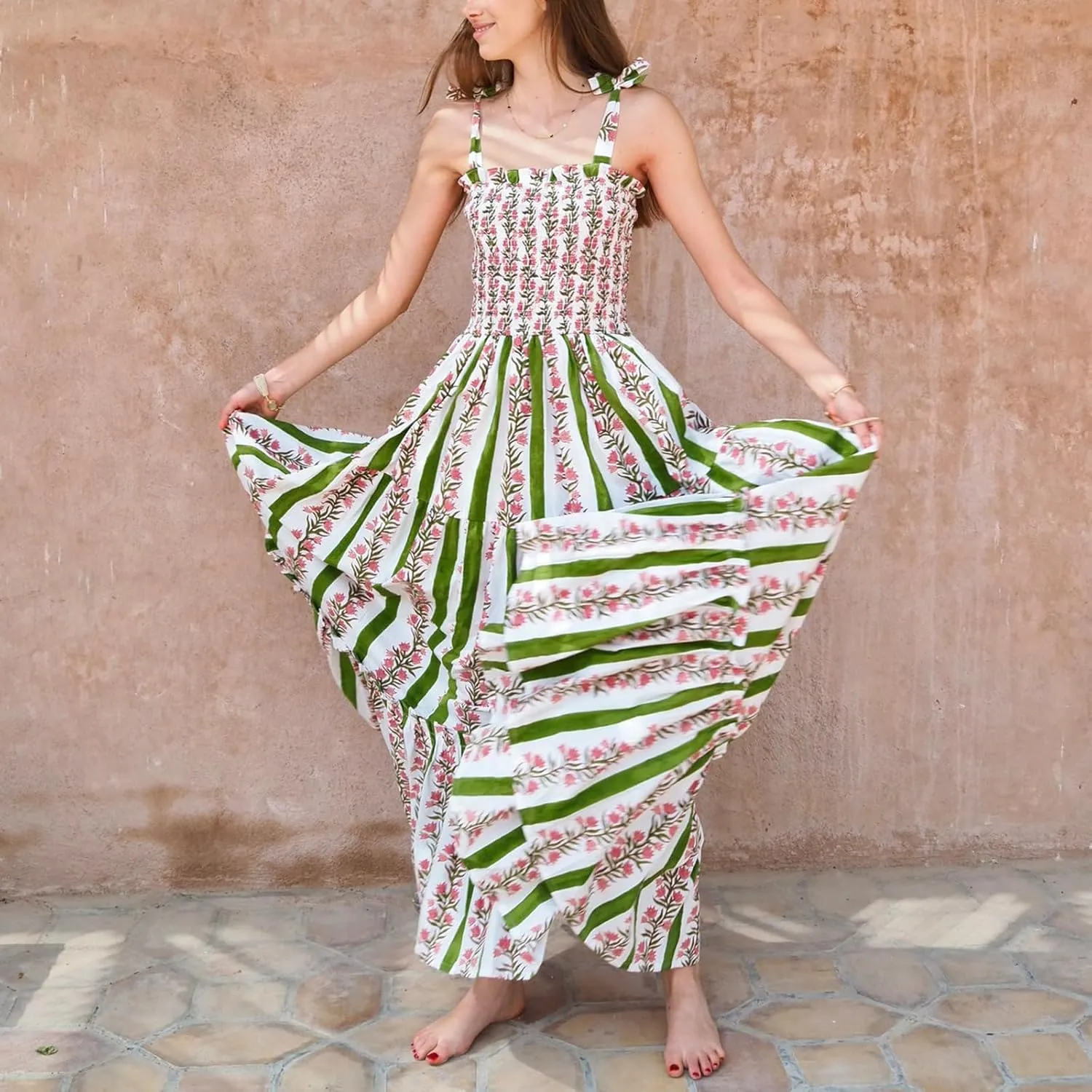 Women Sleeveless Dress Casual Summer Floral Print Tie up Strap A-Line Party Dress Vacation Beach Flowy Sundresses