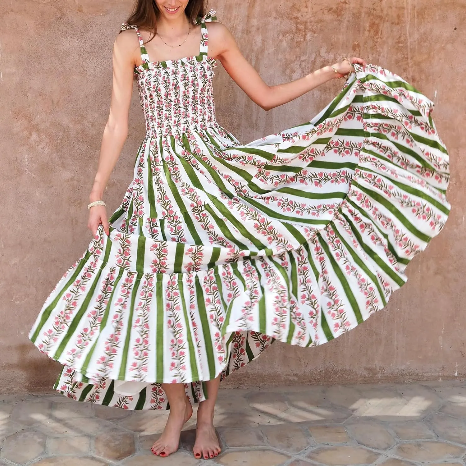 Women Sleeveless Dress Casual Summer Floral Print Tie up Strap A-Line Party Dress Vacation Beach Flowy Sundresses