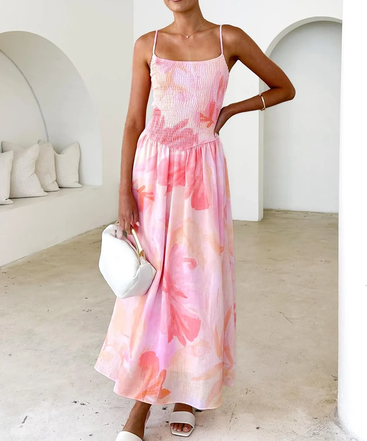 Women Spaghetti Strap Boho Maxi Dress Floral Square Neck Backless Long Dress Summer A Line Flowy Beach Sundress