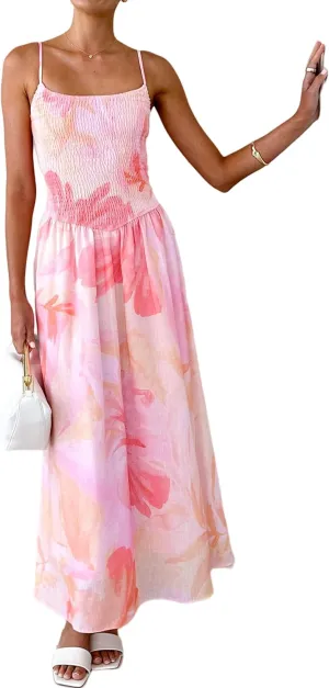 Women Spaghetti Strap Boho Maxi Dress Floral Square Neck Backless Long Dress Summer A Line Flowy Beach Sundress