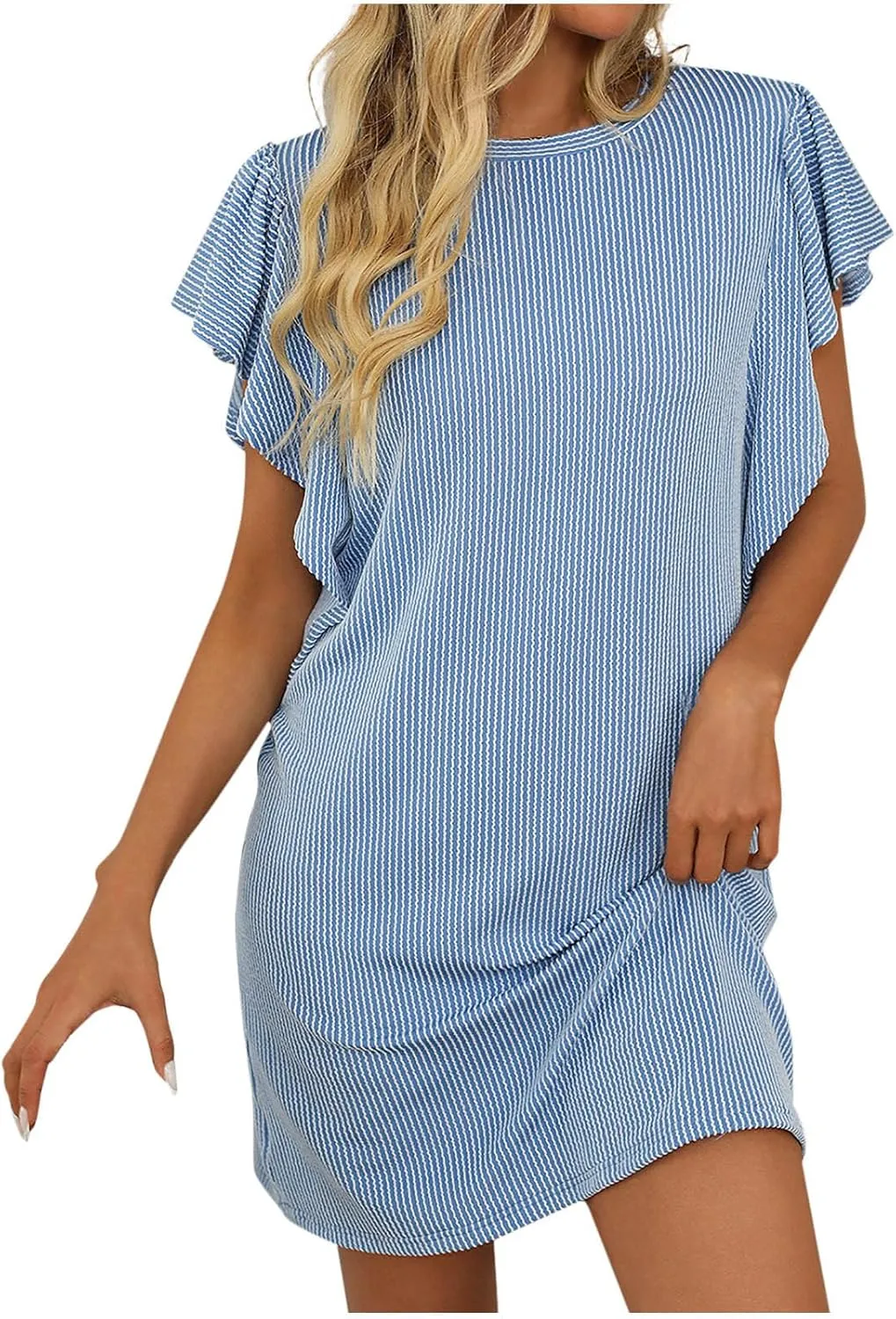 Women Summer Ruffle Sleeve Dresses Casual Beach Mini Dress Textured Striped Shift T-Shirt Dress Going Out Outfits