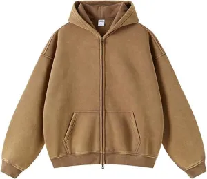 Womens and Mens Zip Up Hoodies Long Sleeve Fall Oversized Sweatshirts Acid Wash Y2K Jacket with Pockets