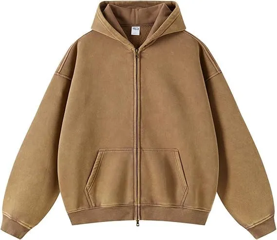 Womens and Mens Zip Up Hoodies Long Sleeve Fall Oversized Sweatshirts Acid Wash Y2K Jacket with Pockets