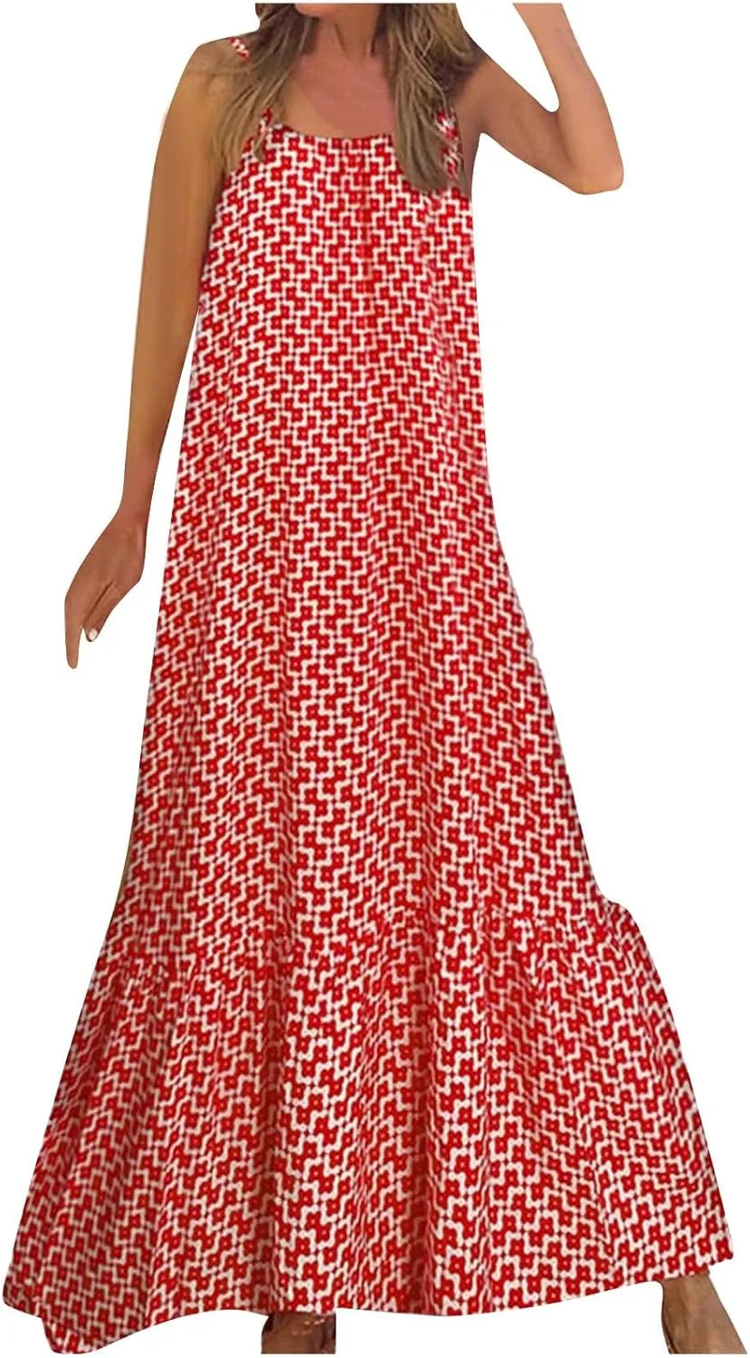 Womens Boho Strap Dresses Print Loose Maxi Dress Summer Beach Vacation Casual Sundress Ladies Fashion Travel Clothes