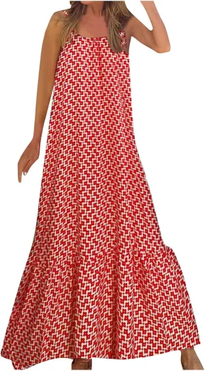 Womens Boho Strap Dresses Print Loose Maxi Dress Summer Beach Vacation Casual Sundress Ladies Fashion Travel Clothes