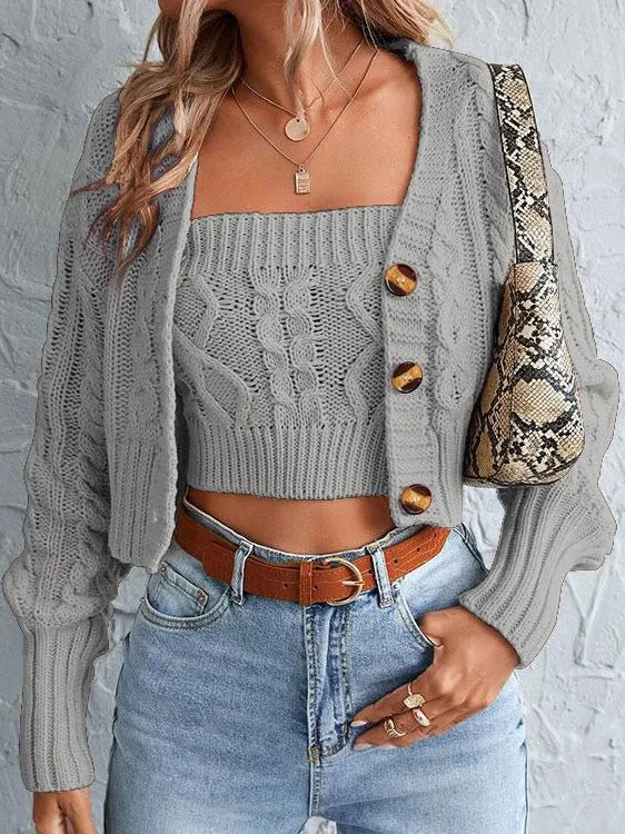 Women's Cardigans Solid Button Fitted Two-Piece Knit Cardigan