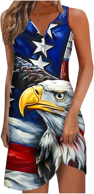 Womens Casual Sleeveless Mini Dress Vintage Print Buttons V Neck Short Dresses Summer Beach Vacation Sundress