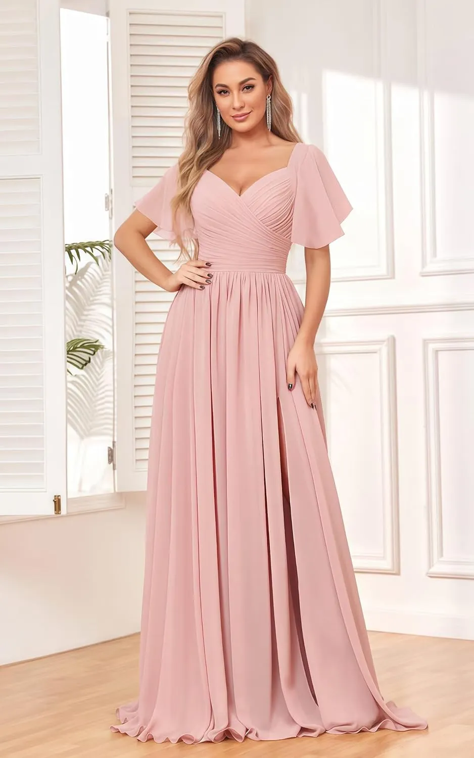 Women's Chiffon Flutter Sleeve Bridesmaid Dress Long with Slit V-Neck Pleated Formal Evening Party Gowns