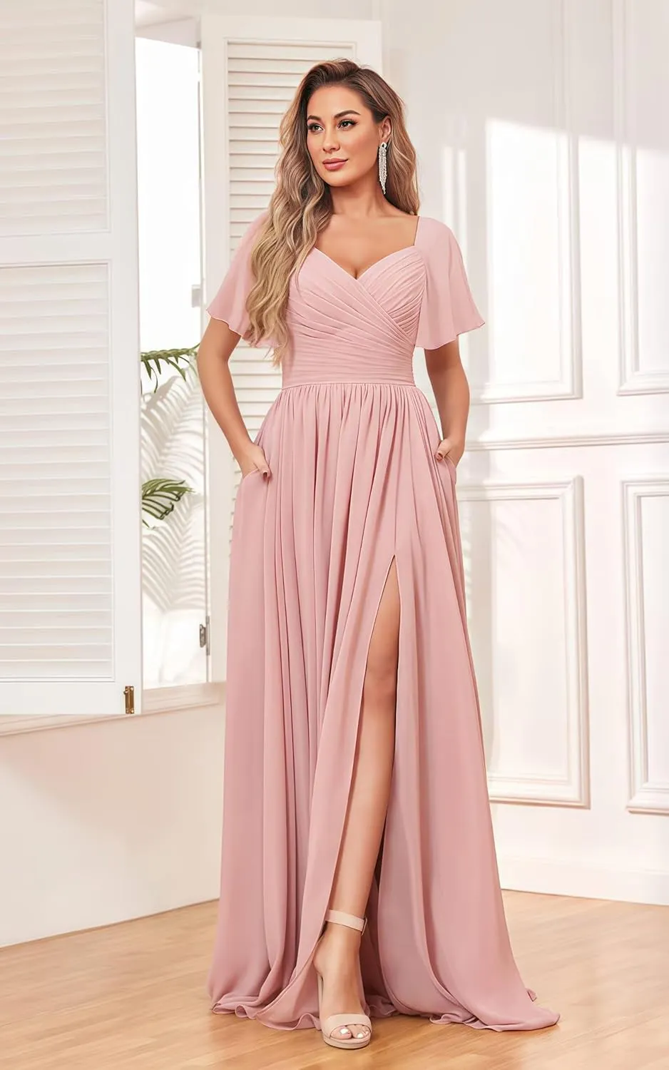 Women's Chiffon Flutter Sleeve Bridesmaid Dress Long with Slit V-Neck Pleated Formal Evening Party Gowns