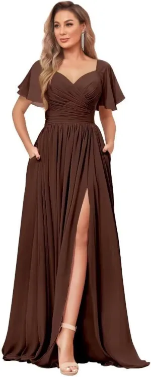 Women's Chiffon Flutter Sleeve Bridesmaid Dress Long with Slit V-Neck Pleated Formal Evening Party Gowns