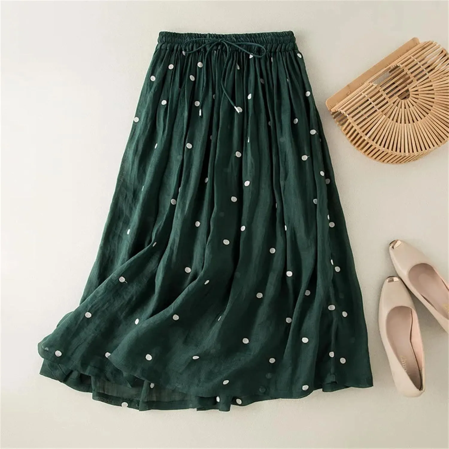 Women's Chiffon Retro Elastic Waist Cotton and Linen Skirt 2025 Summer Polka Dot Print Vintage Midi Skirt