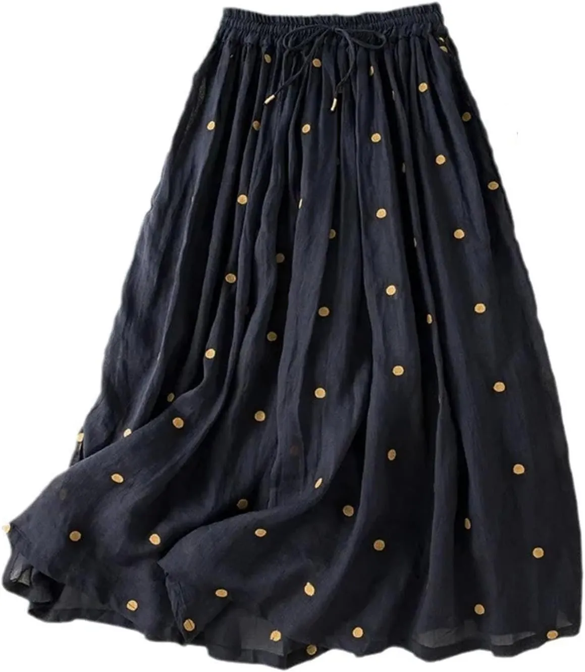 Women's Chiffon Retro Elastic Waist Cotton and Linen Skirt 2025 Summer Polka Dot Print Vintage Midi Skirt