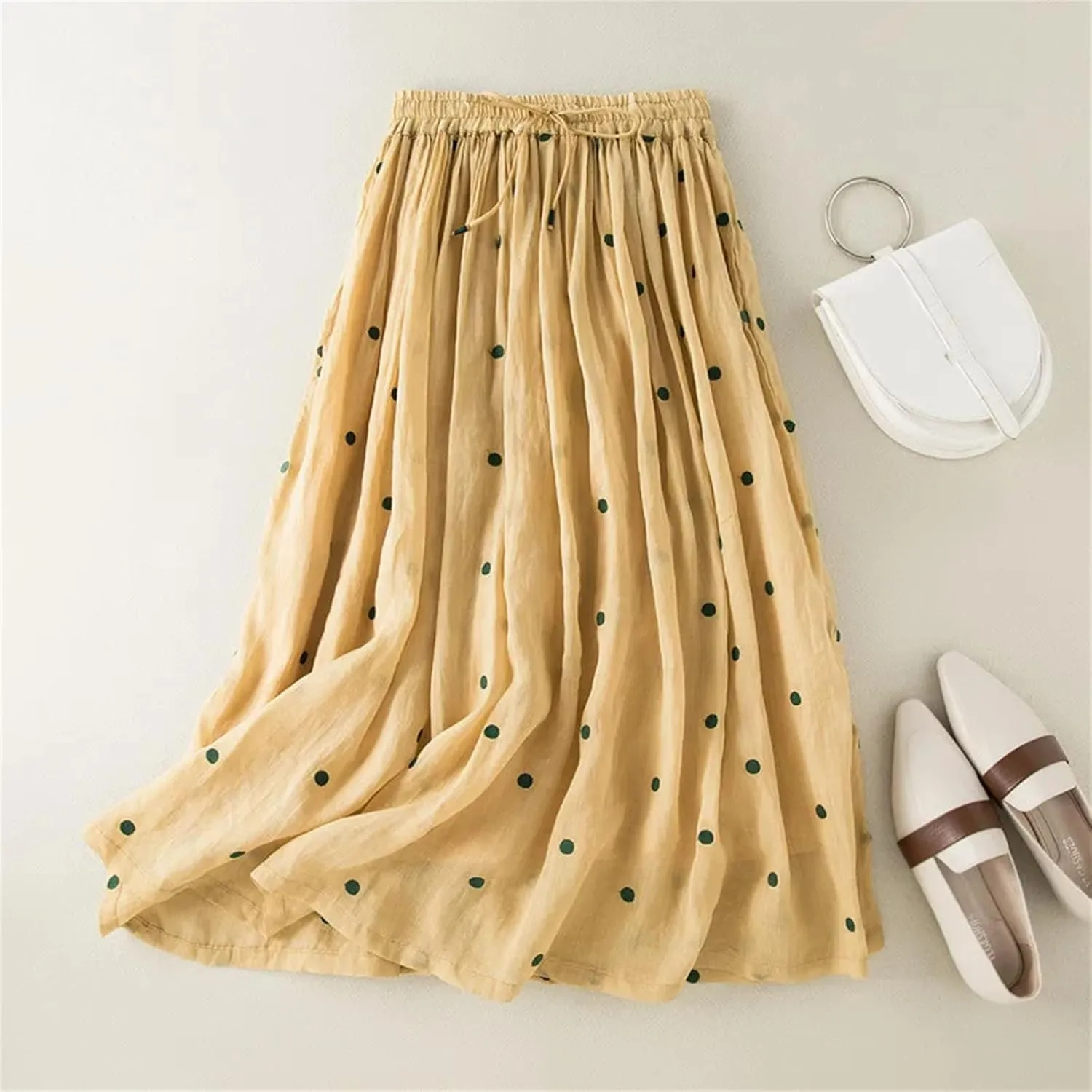 Women's Chiffon Retro Elastic Waist Cotton and Linen Skirt 2025 Summer Polka Dot Print Vintage Midi Skirt