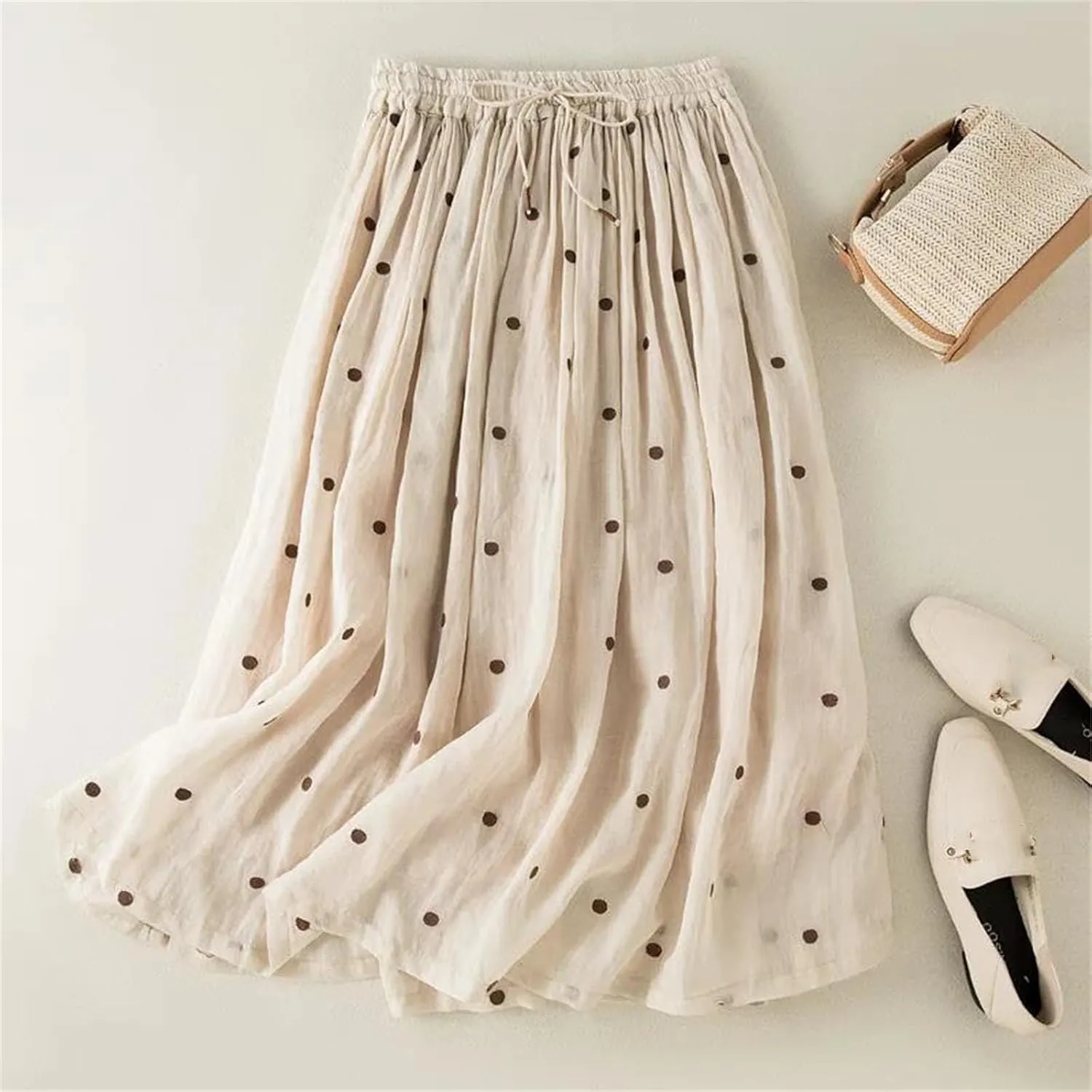 Women's Chiffon Retro Elastic Waist Cotton and Linen Skirt 2025 Summer Polka Dot Print Vintage Midi Skirt