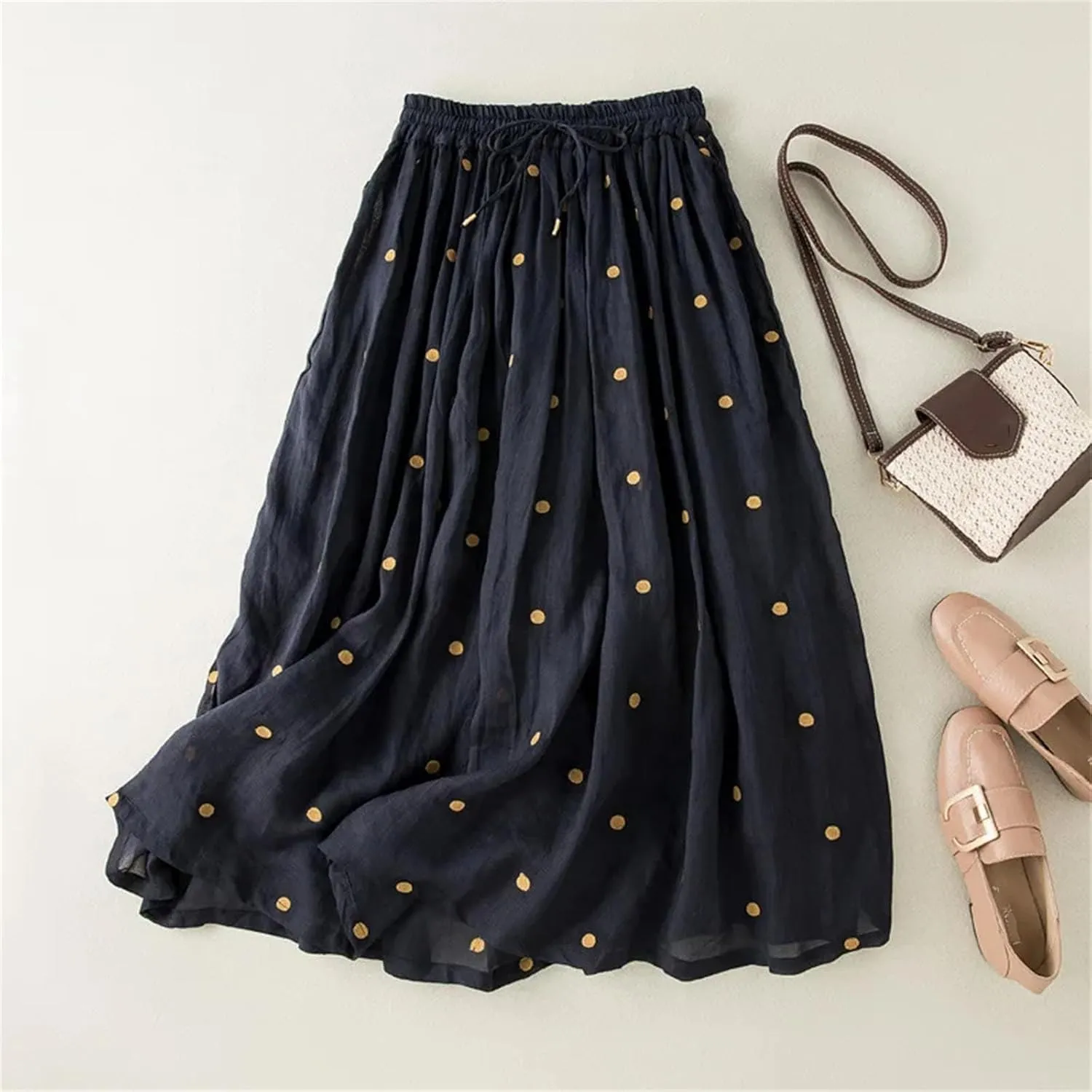 Women's Chiffon Retro Elastic Waist Cotton and Linen Skirt 2025 Summer Polka Dot Print Vintage Midi Skirt