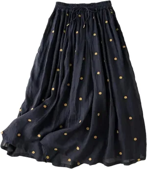Women's Chiffon Retro Elastic Waist Cotton and Linen Skirt 2025 Summer Polka Dot Print Vintage Midi Skirt