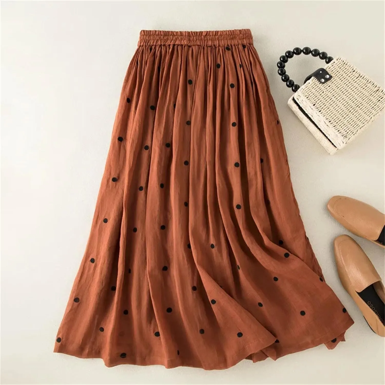 Women's Chiffon Retro Elastic Waist Cotton and Linen Skirt 2025 Summer Polka Dot Print Vintage Midi Skirt