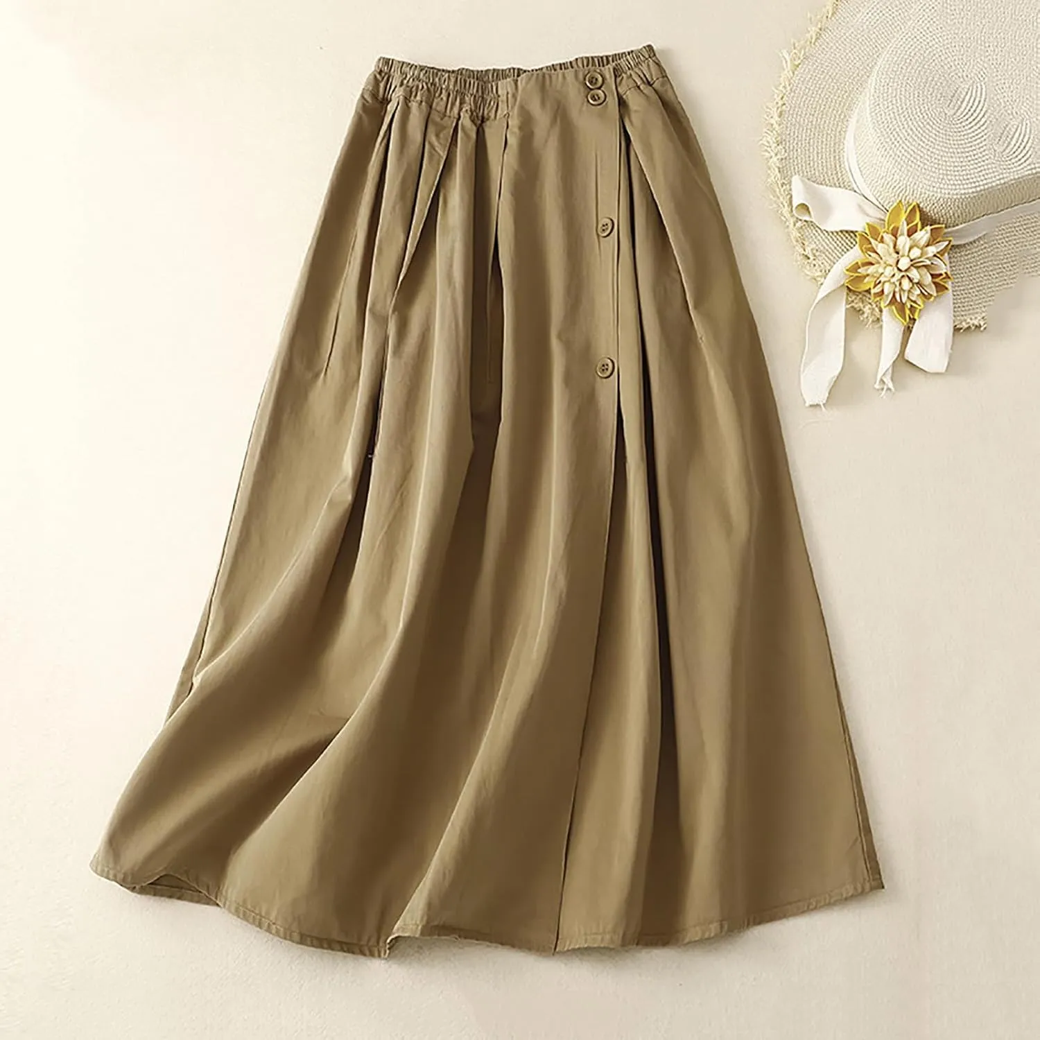 Women's Cotton Linen Elastic High Waisted Button Down Skirt Casual Loose Comfy A-Line Pleated Flowy Midi Long Skirts