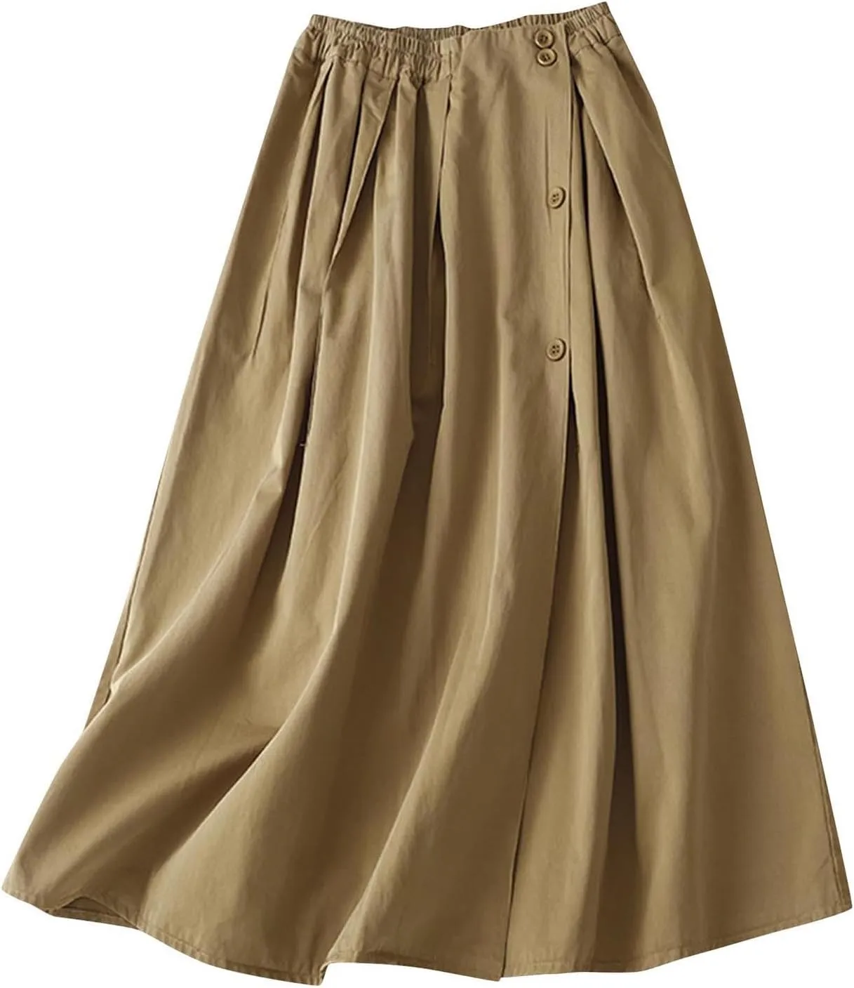 Women's Cotton Linen Elastic High Waisted Button Down Skirt Casual Loose Comfy A-Line Pleated Flowy Midi Long Skirts