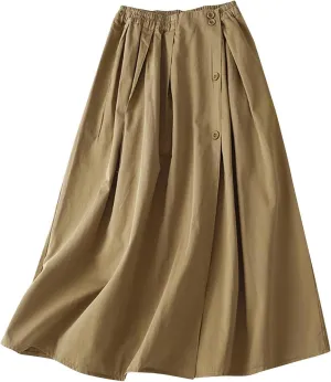 Women's Cotton Linen Elastic High Waisted Button Down Skirt Casual Loose Comfy A-Line Pleated Flowy Midi Long Skirts