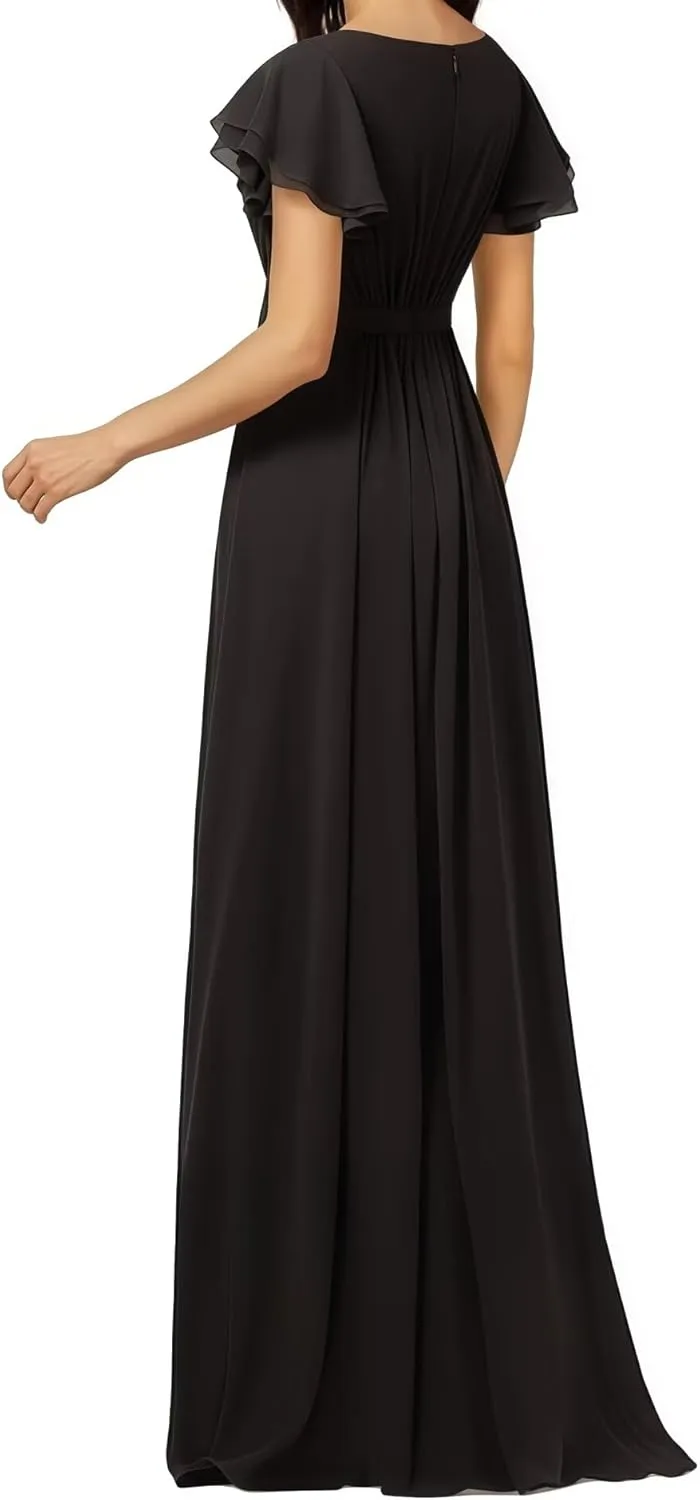 Women's Crewneck Bridesmaid Dresses Short Sleeve Floor Length A-Line Pleated Chiffon Evening Dress