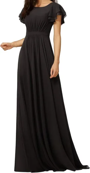 Women's Crewneck Bridesmaid Dresses Short Sleeve Floor Length A-Line Pleated Chiffon Evening Dress