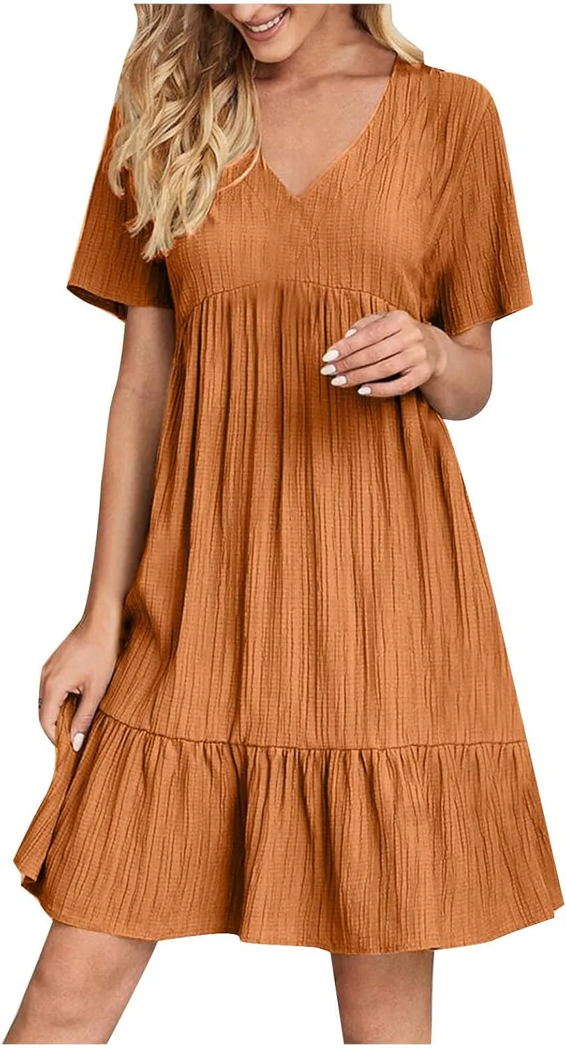 Womens Dresses Summer Plus Size Short Sleeve V Neck Casual Flowy Tshirt Dress Beach Travel Vacation Mini Sundress