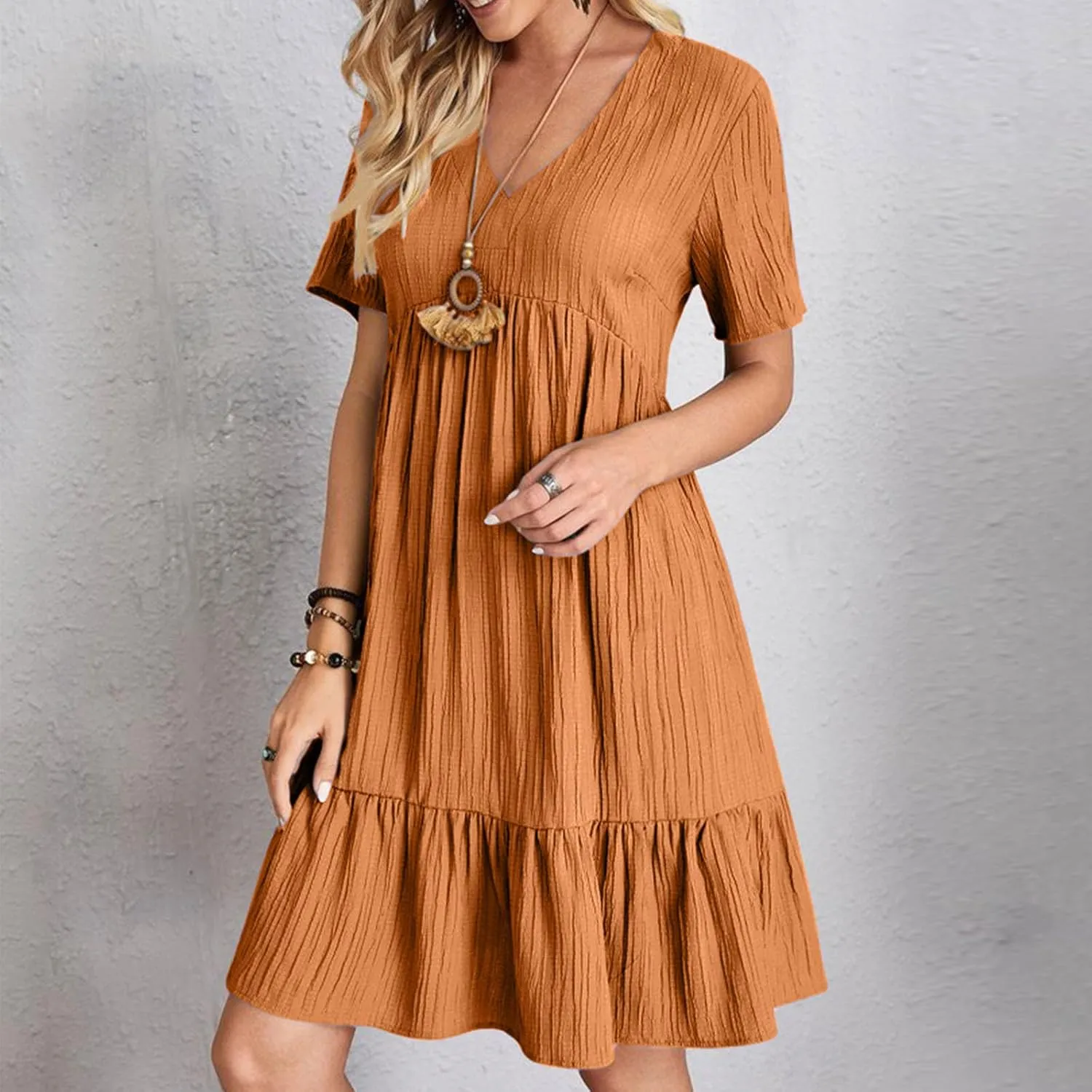 Womens Dresses Summer Plus Size Short Sleeve V Neck Casual Flowy Tshirt Dress Beach Travel Vacation Mini Sundress