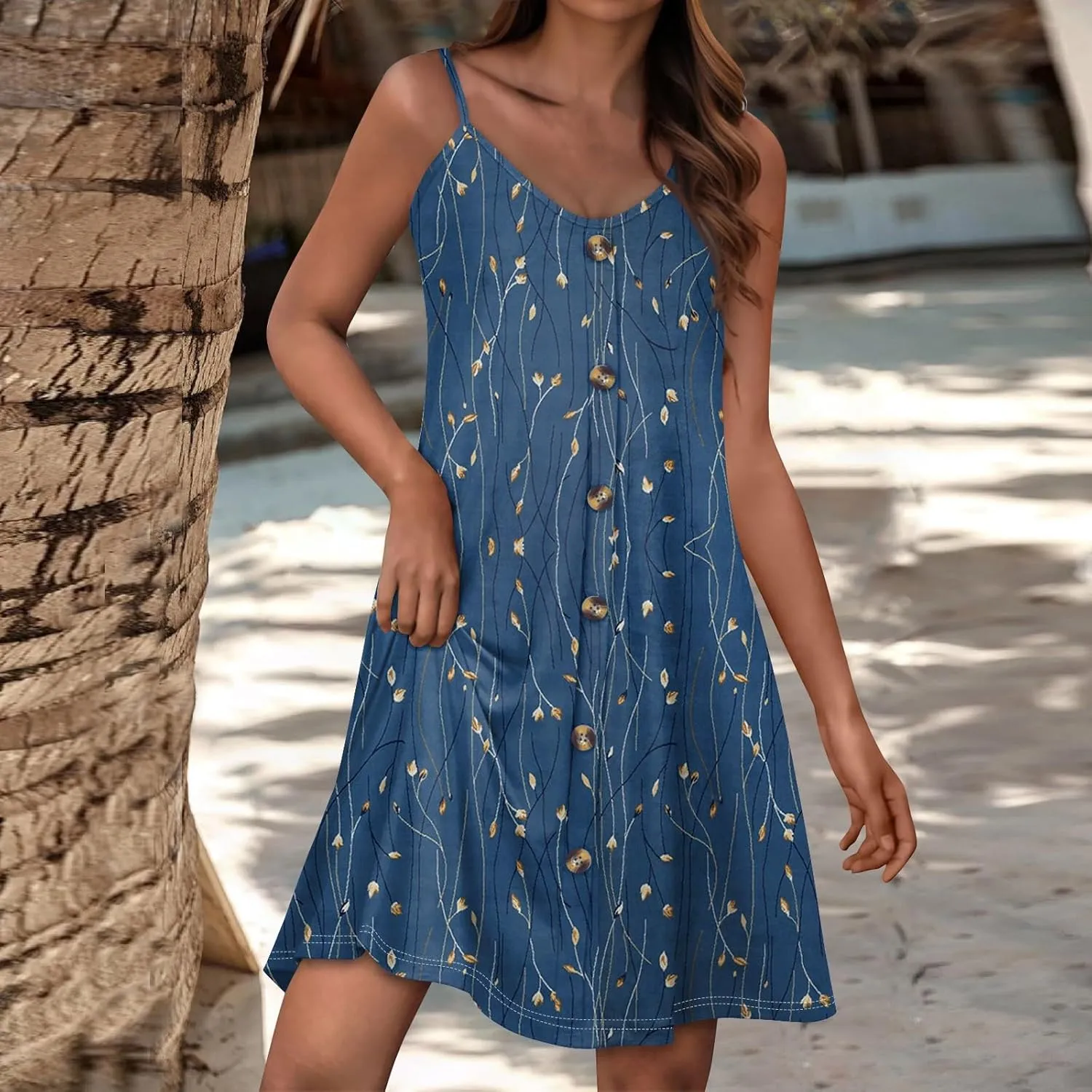 Womens Easter Dress Summer Beach Vacation Halter Dresses Button Down A Line Midi Dress Casual Spaghetti Strap