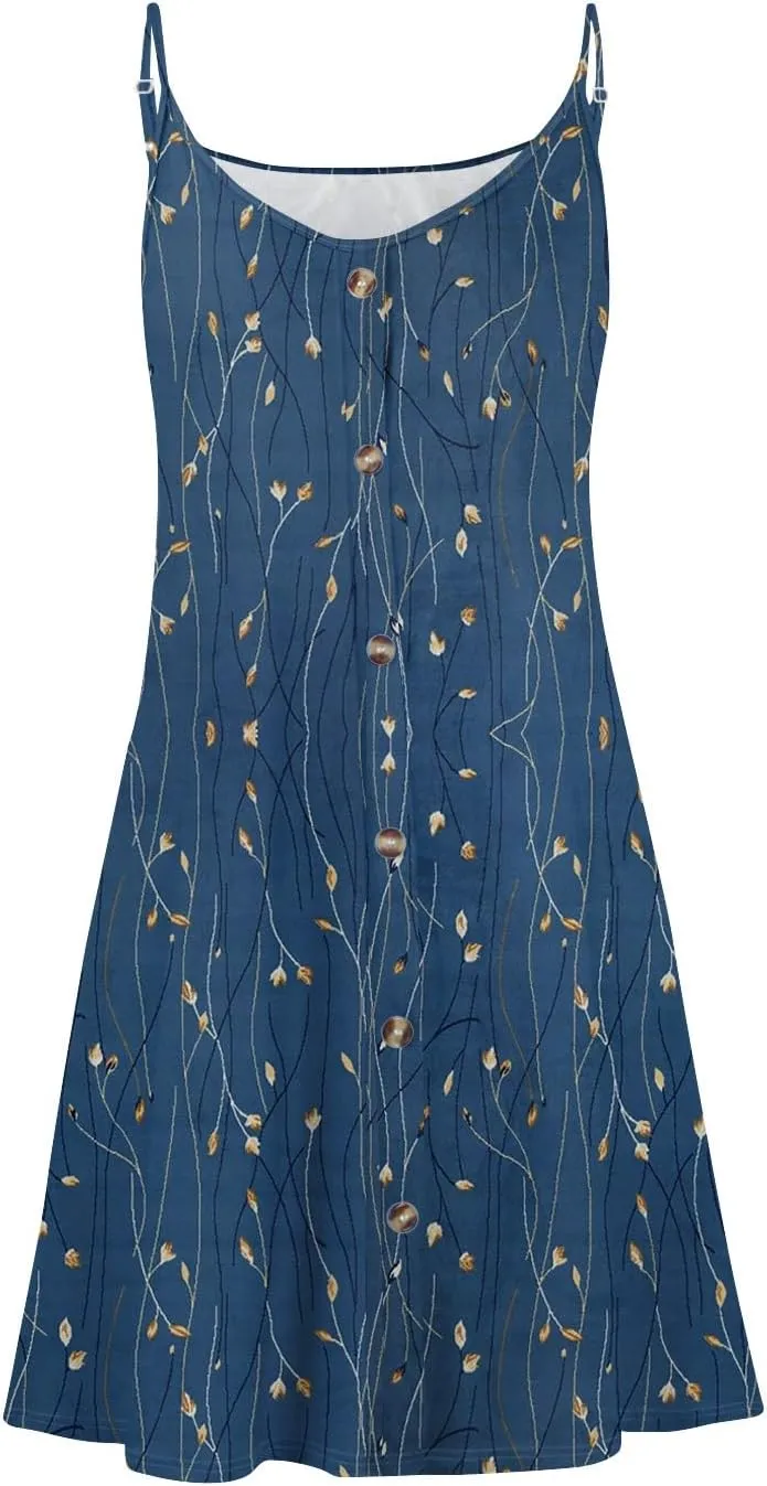 Womens Easter Dress Summer Beach Vacation Halter Dresses Button Down A Line Midi Dress Casual Spaghetti Strap