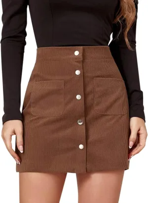 Women's Faux Suede Skirt Button Closure A-Line High Wasit Mini Short Skirt Corduroy Hip Wrap Pleated Skirt