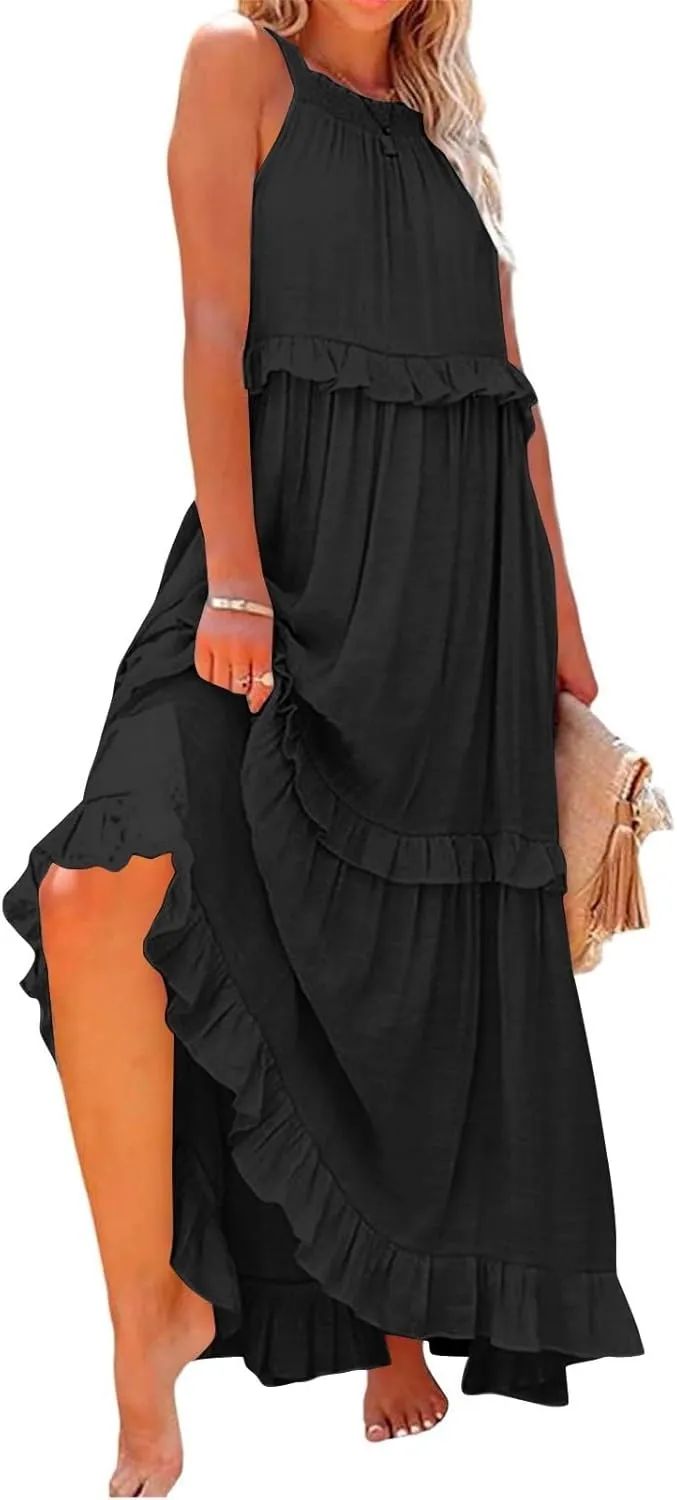 Womens Halter Neck Maxi Dress Sleeveless Sexy Tiered Flowy Long Dress Summer Loose Smocked Ruffle Swing Beach Dresses