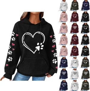 Womens Hoodie Long Sleeve Waffle Knit Drawstring Cute Pattern Heart Dogs Paw Print Graphic Hoodies with Pockets
