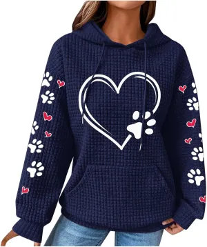 Womens Hoodie Long Sleeve Waffle Knit Drawstring Cute Pattern Heart Dogs Paw Print Graphic Hoodies with Pockets