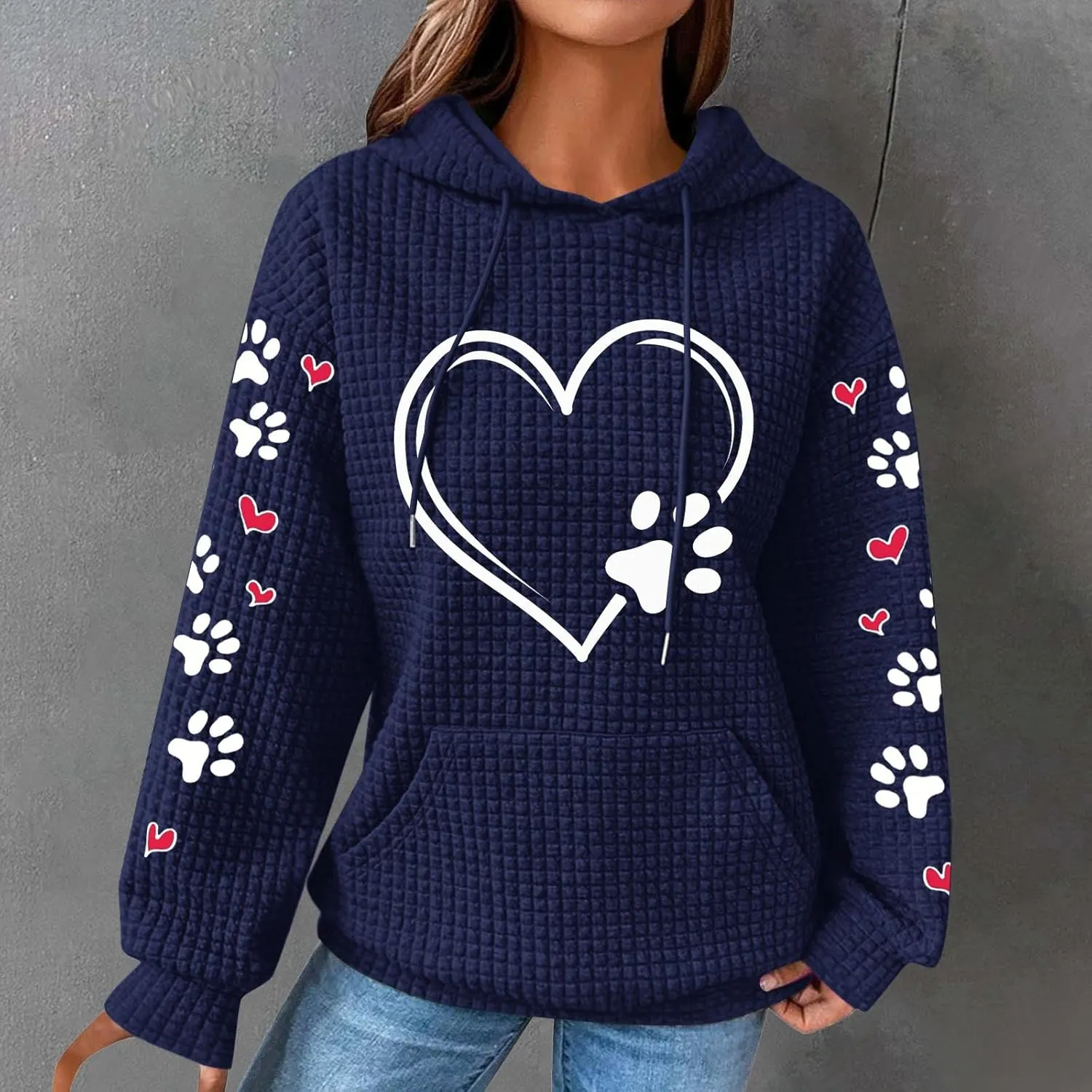 Womens Hoodie Long Sleeve Waffle Knit Drawstring Cute Pattern Heart Dogs Paw Print Graphic Hoodies with Pockets