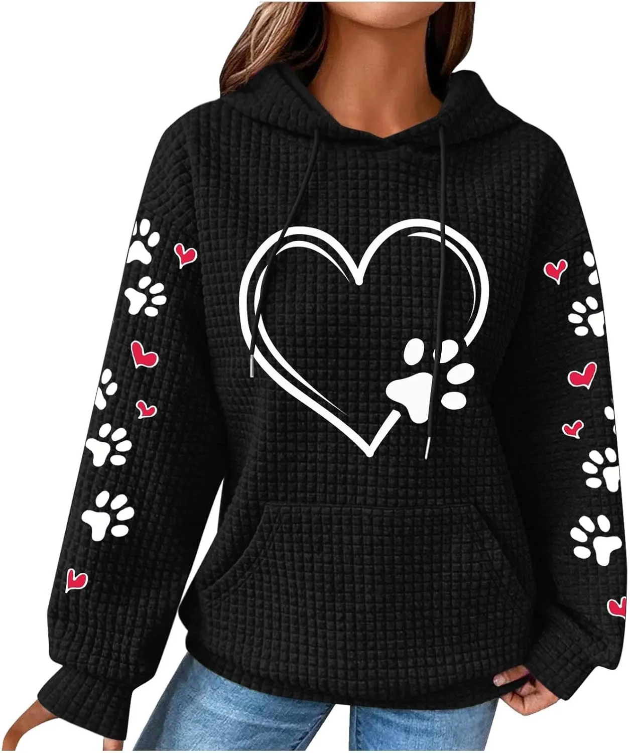Womens Hoodie Long Sleeve Waffle Knit Drawstring Cute Pattern Heart Dogs Paw Print Graphic Hoodies with Pockets