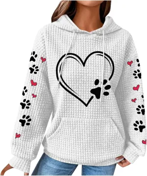 Womens Hoodie Long Sleeve Waffle Knit Drawstring Cute Pattern Heart Dogs Paw Print Graphic Hoodies with Pockets