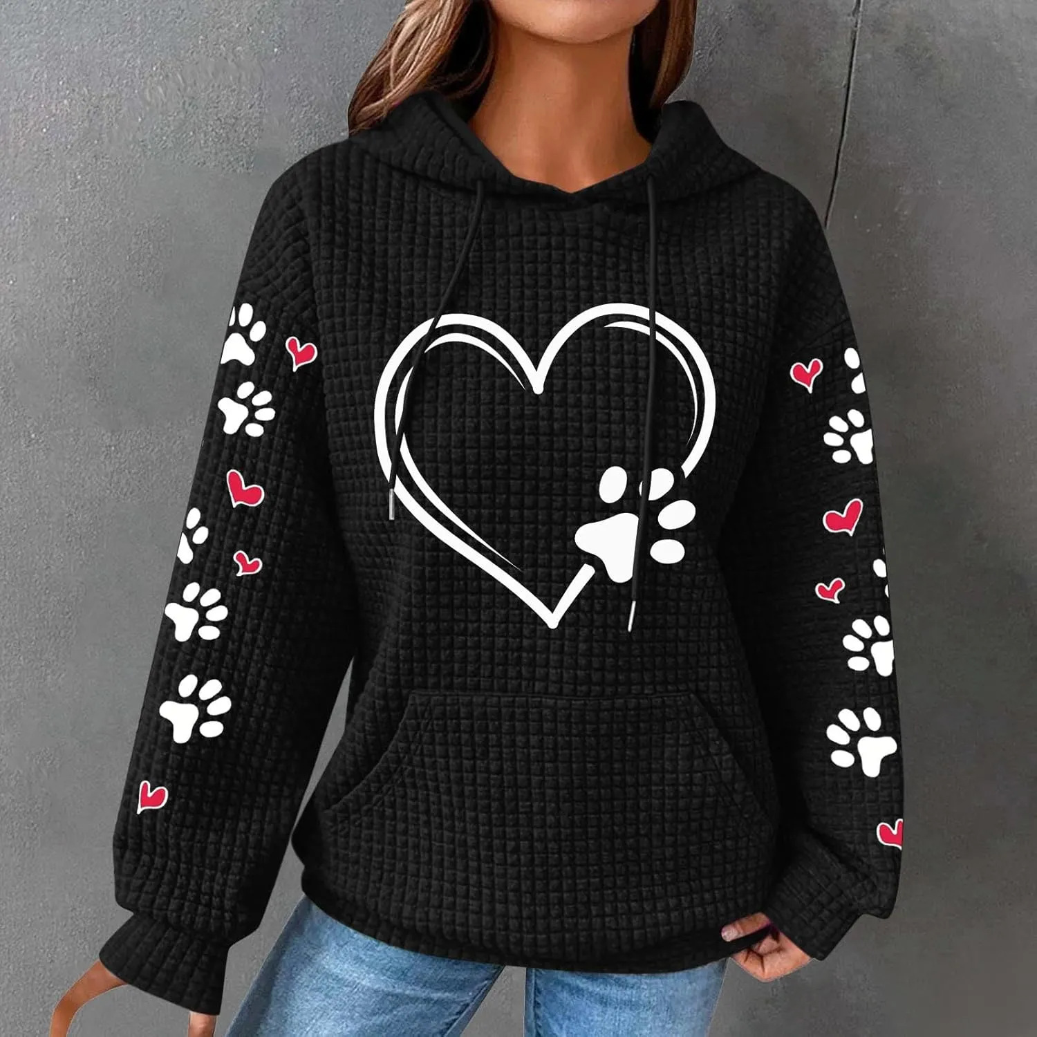 Womens Hoodie Long Sleeve Waffle Knit Drawstring Cute Pattern Heart Dogs Paw Print Graphic Hoodies with Pockets