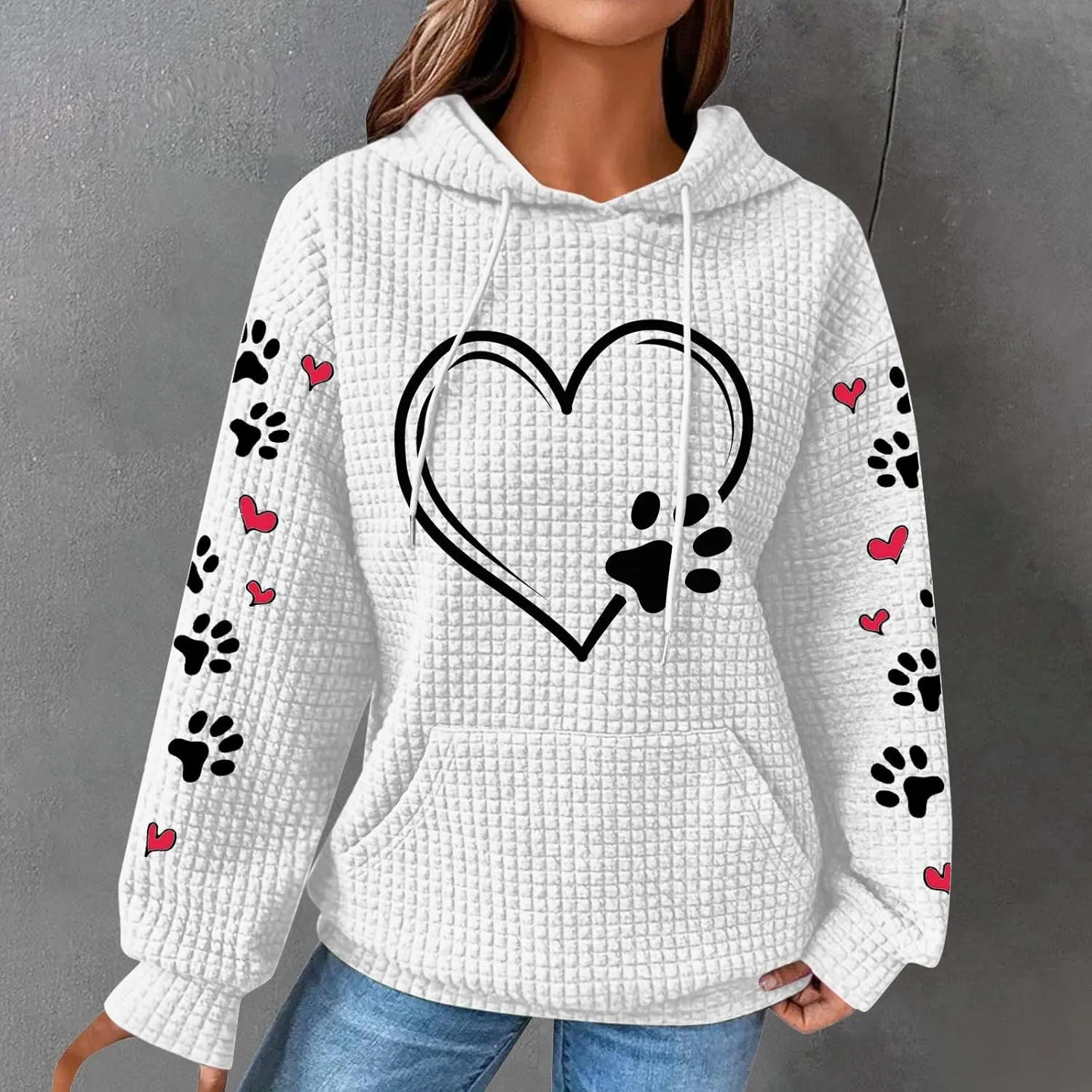 Womens Hoodie Long Sleeve Waffle Knit Drawstring Cute Pattern Heart Dogs Paw Print Graphic Hoodies with Pockets