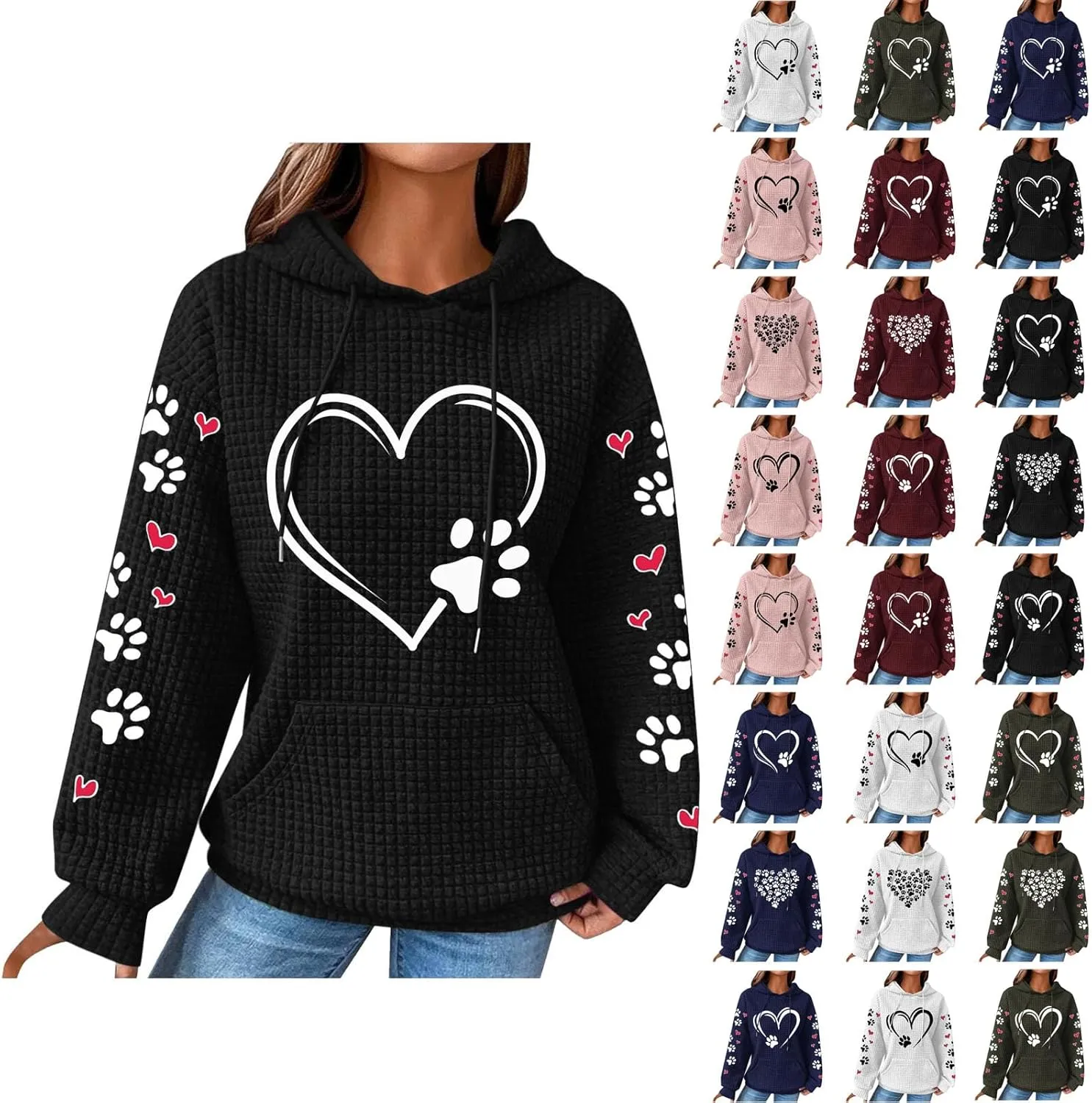 Womens Hoodie Long Sleeve Waffle Knit Drawstring Cute Pattern Heart Dogs Paw Print Graphic Hoodies with Pockets