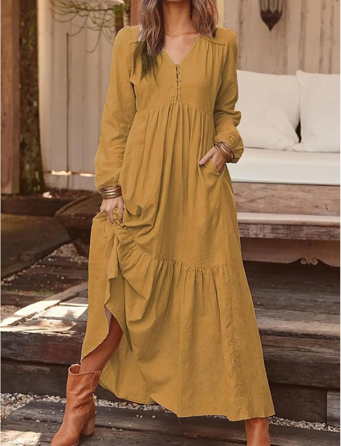 Womens Linen Dresses Casual Loose Button V Neck Pleated Dress Trendy Ruffle Tiered Long Sleeve Maxi Dress