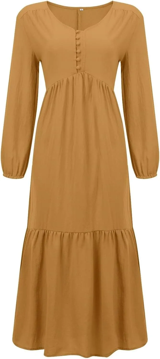Womens Linen Dresses Casual Loose Button V Neck Pleated Dress Trendy Ruffle Tiered Long Sleeve Maxi Dress