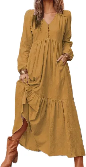 Womens Linen Dresses Casual Loose Button V Neck Pleated Dress Trendy Ruffle Tiered Long Sleeve Maxi Dress